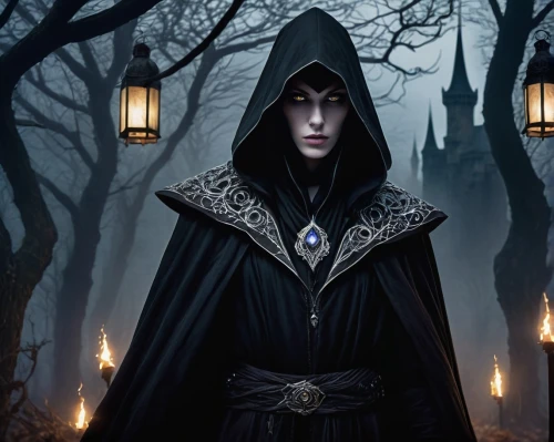 gothic portrait,sorceress,hooded man,gothic woman,dark gothic mood,candlemaker,grimm reaper,cloak,gothic style,dark elf,dodge warlock,gothic,mage,gothic fashion,fantasy art,witch house,black candle,priestess,dark art,fantasy picture,Illustration,Realistic Fantasy,Realistic Fantasy 06