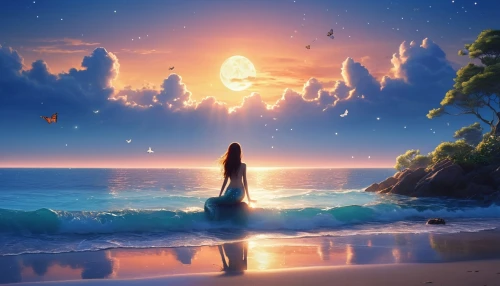 mermaid background,moana,the endless sea,fantasia,ocean paradise,ocean background,moon and star background,fantasy picture,ocean,mermaid silhouette,beach moonflower,dolphin background,dream beach,sun and sea,sea,sea night,fantasy landscape,full hd wallpaper,the horizon,little mermaid,Photography,General,Realistic