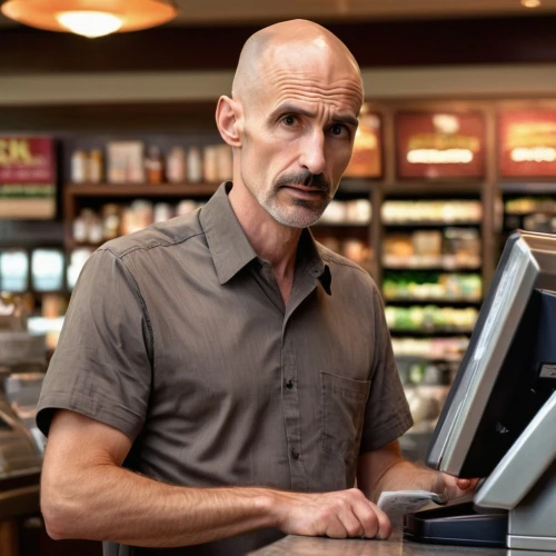 cashier,barista,clerk,merchant,cash register,shopkeeper,a buy me a coffee,electronic payments,caffè americano,espresso,frappé coffee,employee,deli,payment terminal,tablets consumer,waiter,bank teller,man with a computer,restaurants online,mail clerk,Photography,General,Natural