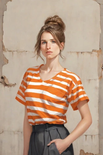striped background,portrait background,portrait of a girl,horizontal stripes,girl in t-shirt,girl in a historic way,orange,female model,antique background,liberty cotton,artist portrait,brown sailor,young woman,rust-orange,digital compositing,girl with cloth,girl in a long,art model,on a transparent background,yellow background,Digital Art,Classicism