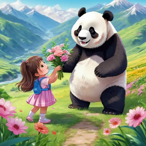 kawaii panda,giant panda,little panda,panda,chinese panda,pandas,panda bear,kawaii panda emoji,floral greeting,panda cub,baby panda,cute cartoon image,kids illustration,flower painting,children's background,cute bear,holding flowers,picking flowers,world digital painting,flower delivery,Illustration,Japanese style,Japanese Style 01