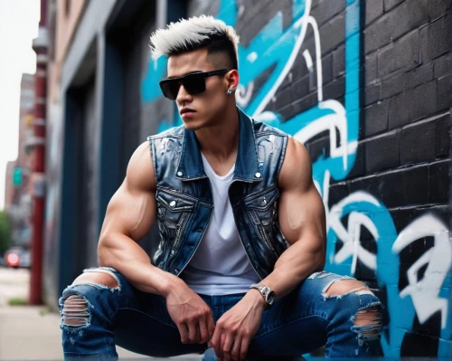 mohawk hairstyle,denim background,jeans background,vest,mohawk,male model,pompadour,sleeveless shirt,ryan navion,brick wall background,denims,arms,street fashion,latino,muscular,muscle icon,denim jeans,cool blonde,ripped jeans,punk,Conceptual Art,Sci-Fi,Sci-Fi 03