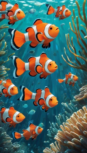 school of fish,anemone fish,coral reef fish,amphiprion,fish in water,underwater background,nemo,fishes,underwater fish,ornamental fish,clownfish,aquarium inhabitants,aquarium fish,marine fish,aquatic animals,sea animals,marine diversity,coral fish,sea life underwater,aquarium decor,Art,Artistic Painting,Artistic Painting 45