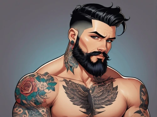 pompadour,rockabilly style,beard,rockabilly,male elf,pomade,bearded,male character,beard flower,mohawk hairstyle,groom,muscle icon,man portraits,growth icon,male model,tattoos,custom portrait,tattooed,fantasy portrait,ryan navion,Illustration,Japanese style,Japanese Style 07