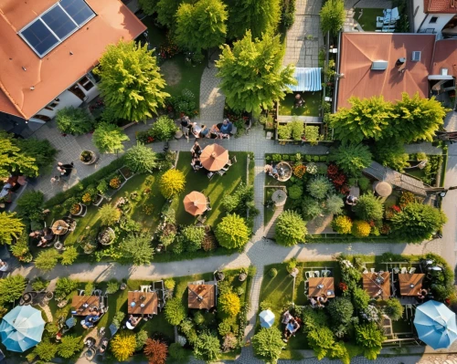 escher village,aerial view umbrella,drone shot,view from above,drone photo,northern germany,bird's-eye view,dji spark,bird's eye view,drone view,the garden society of gothenburg,from above,beer garden,drone image,aerial shot,suburban,garden party,overhead shot,urban park,climbing garden,Photography,General,Realistic