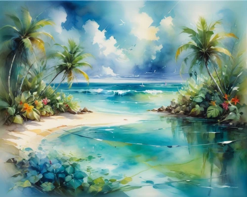 beach landscape,watercolor palm trees,tropical sea,sea landscape,coastal landscape,tropical beach,beach scenery,tropical island,landscape with sea,seascape,watercolor background,ocean paradise,coconut trees,landscape background,dream beach,an island far away landscape,blue hawaii,caribbean beach,sea-shore,tropical floral background,Illustration,Paper based,Paper Based 11