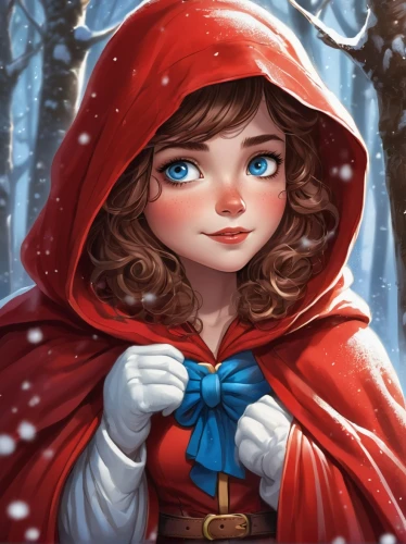little red riding hood,red riding hood,snow white,red coat,the snow queen,fairy tale character,snow cherry,christmas snowy background,winterblueher,red cape,fantasy portrait,fairy tale icons,suit of the snow maiden,merida,elf,winter rose,elsa,winter background,snow drawing,winter magic,Illustration,American Style,American Style 13