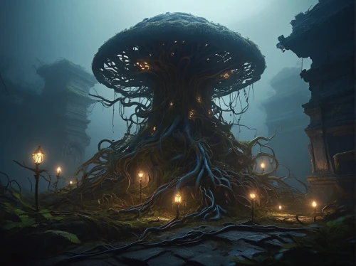 tree mushroom,mushroom landscape,mushroom island,the roots of trees,tree of life,magic tree,strange tree,sacred fig,forest mushroom,dragon tree,creepy tree,fungal science,tree's nest,haunted forest,apiarium,mushroom type,celtic tree,roots,rooted,uprooted,Illustration,Japanese style,Japanese Style 12