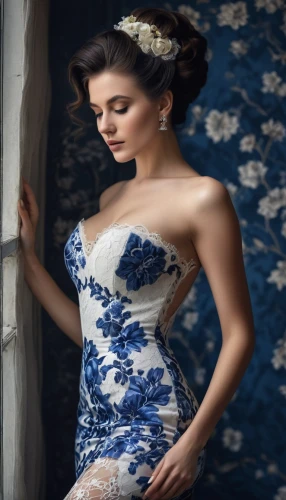 vintage floral,evening dress,vintage dress,floral dress,blue and white porcelain,blue dress,bridal dress,bridal clothing,blue and white,girl in a long dress,country dress,vintage woman,blue hydrangea,elegant,wedding dress,white winter dress,a girl in a dress,fabric flowers,vintage flowers,cocktail dress,Photography,General,Natural