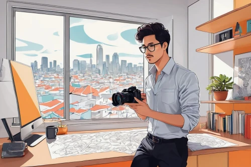 camera illustration,sci fiction illustration,freelancer,game illustration,author,man with a computer,city ​​portrait,white-collar worker,illustrator,freelance,world digital painting,cg artwork,blur office background,modern office,digital nomads,office worker,journalist,vector illustration,working space,self-portrait,Illustration,Black and White,Black and White 05