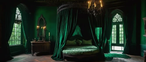 ornate room,four poster,four-poster,canopy bed,fairy tale castle,gothic style,green wallpaper,emerald,green,absinthe,great room,fairy tale,dark green,a fairy tale,billiard room,fairytale castle,sleeping room,witch house,wade rooms,fairytales,Illustration,Paper based,Paper Based 18