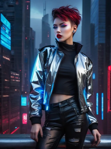 cyberpunk,futuristic,streampunk,bolero jacket,punk,shanghai,punk design,cyber,dystopian,neon lights,portrait background,neon light,hong kong,hong,80s,katana,persona,femme fatale,techno color,jacket,Illustration,Realistic Fantasy,Realistic Fantasy 08