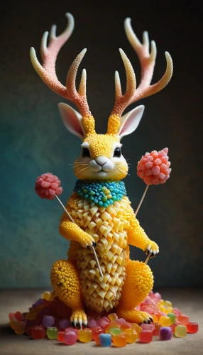 animal figure,jackalope,whimsical animals,3d figure,dotted deer,figurine,clay animation,pere davids deer,gold deer,coral guardian,forest animal,straw animal,miniature figure,anthropomorphized animals,kokeshi,plush figure,christmas figure,faun,paper art,game figure,Illustration,Abstract Fantasy,Abstract Fantasy 06