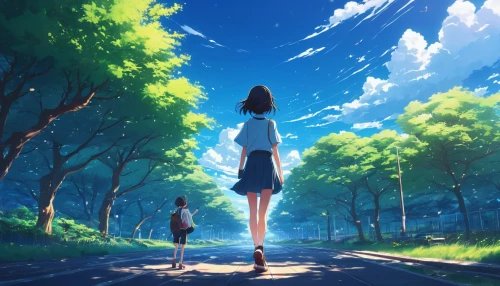 walk,girl and boy outdoor,forest road,stroll,blue sky,summer sky,parallel world,world end,walking,girl walking away,summer day,studio ghibli,walk in a park,forest walk,travelers,road,go for a walk,the road,long road,dream world,Illustration,American Style,American Style 01