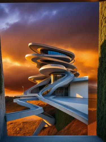 futuristic architecture,futuristic art museum,futuristic landscape,modern architecture,sky space concept,3d rendering,spiral staircase,winding steps,winding staircase,observation tower,spiralling,spiral stairs,dunes house,guggenheim museum,circular staircase,arhitecture,spiral,falkirk wheel,render,solar cell base,Photography,General,Realistic
