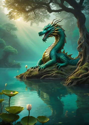 green dragon,forest dragon,dragon of earth,chinese water dragon,chinese dragon,fantasy picture,dragon li,painted dragon,dragon boat,fantasy art,dragon,fantasy landscape,wyrm,golden dragon,dragon tree,emerald lizard,dragons,water creature,dragon design,eastern water dragon,Illustration,Realistic Fantasy,Realistic Fantasy 44
