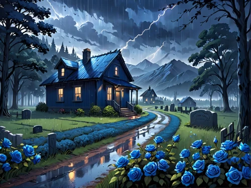 home landscape,lonely house,house in the forest,cottage,witch's house,house in mountains,blue rain,little house,house in the mountains,thunderstorm,houses clipart,summer cottage,fantasy picture,blue painting,country cottage,house painting,dandelion hall,landscape background,fantasy landscape,world digital painting,Anime,Anime,General