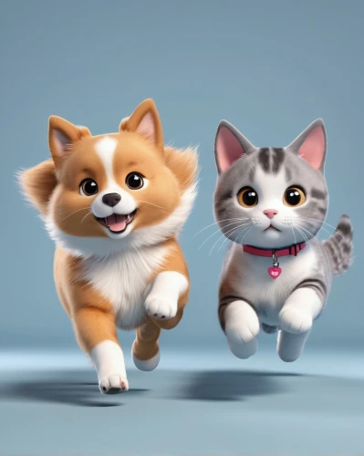 dog - cat friendship,two running dogs,dog and cat,corgis,two cats,cute animals,cartoon cat,kittens,corgi,cute cat,cats playing,shiba inu,pomeranian,cats,paw,cute cartoon image,cute cartoon character,baby cats,two dogs,rain cats and dogs,Unique,3D,3D Character