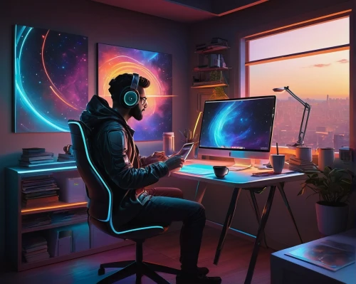 man with a computer,computer room,computer workstation,computer desk,working space,new concept arms chair,computer addiction,creative office,computer,desk,freelancer,study room,desktop computer,music workstation,night administrator,electron,world digital painting,music background,sci fiction illustration,computer freak,Conceptual Art,Fantasy,Fantasy 15