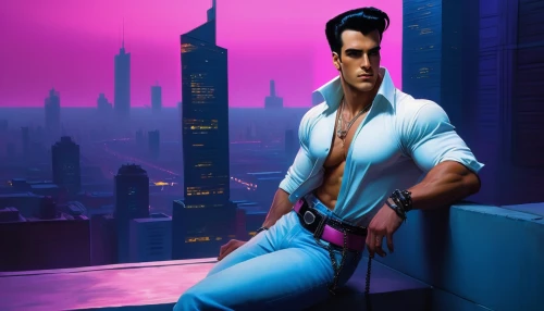 man in pink,pompadour,cyberpunk,male character,male model,sci fiction illustration,male nurse,male poses for drawing,ken,janitor,dusk background,ryan navion,3d man,cg artwork,80s,world digital painting,thane,cosmopolitan,spy,repairman,Art,Classical Oil Painting,Classical Oil Painting 42