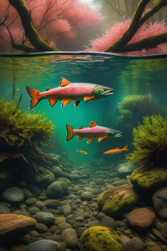 underwater landscape,sockeye salmon,forest fish,school of fish,koi pond,fishes,wild salmon,fish in water,freshwater fish,fjord trout,underwater fish,underwater background,rainbow trout,arctic char,koi carp,salmon-like fish,aquatic life,koi fish,the river's fish and,trout breeding,Art,Artistic Painting,Artistic Painting 51