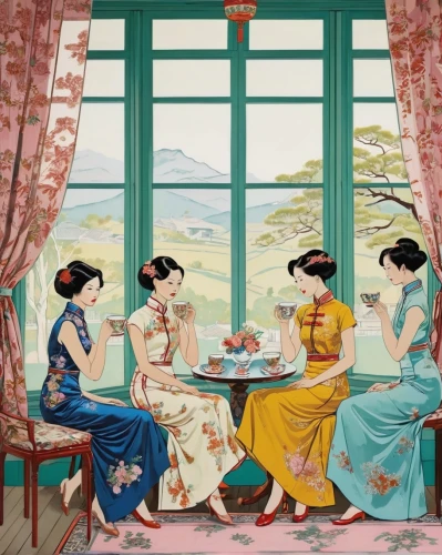 tea service,tea ceremony,oriental painting,japanese tea,afternoon tea,chinese tea,china tea,korean royal court cuisine,chinese art,darjeeling tea,tea drinking,chinese teacup,tea party,dongfang meiren,maojian tea,high tea,flower tea,women at cafe,watercolor tea shop,dianhong tea,Art,Artistic Painting,Artistic Painting 07