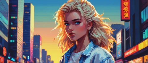 elsa,city ​​portrait,blonde girl,blond girl,world digital painting,digital painting,vector girl,dusk background,sci fiction illustration,retro girl,blonde woman,80s,retro background,game illustration,pompadour,vector illustration,retro styled,canary,digital illustration,honolulu,Illustration,Japanese style,Japanese Style 16