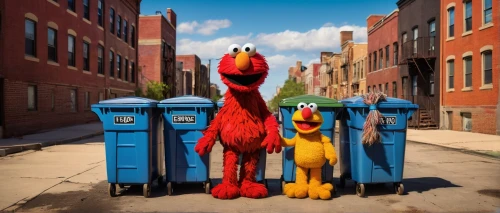 sesame street,the muppets,bin,chicken run,ernie and bert,big bird,bert,anthropomorphized animals,three friends,animal film,cgi,waste bins,garbage cans,fire hydrants,trash cans,storks,poo,rare parrots,residents,llamas,Illustration,Abstract Fantasy,Abstract Fantasy 19