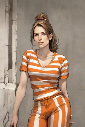 prisoner,orange,horizontal stripes,aperol,striped background,portrait background,ammo,orange color,prison,bodypaint,orange half,woman sitting,ms,stripes,pantsuit,jumpsuit,art,her,tied up,orange cream,Digital Art,Comic