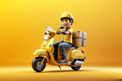 courier driver,piaggio,cinema 4d,moped,e-scooter,vespa,courier,scooter,delivery man,tricycle,mobility scooter,piaggio ciao,electric scooter,yellow background,motorbike,postman,road roller,tradesman,delivery service,motor scooter