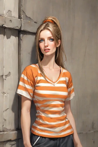 clementine,girl in t-shirt,portrait background,polo shirt,striped background,orange,isolated t-shirt,olallieberry,horizontal stripes,girl studying,girl with cereal bowl,girl sitting,girl in a long,young woman,female model,digital compositing,background image,portrait of a girl,polo shirts,blonde woman,Digital Art,Comic