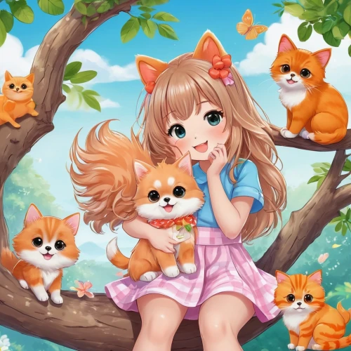 cats in tree,children's background,cute fox,child fox,marmalade,red tabby,ginger kitten,kittens,little fox,lion children,game illustration,cat lovers,spring background,forest background,garden-fox tail,kawaii animals,portrait background,cat family,adorable fox,cute cartoon image,Illustration,Japanese style,Japanese Style 01