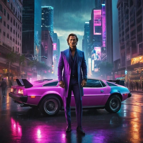 elektrocar,man in pink,cyberpunk,lamborghini estoque,pink car,camaro,lincoln cosmopolitan,lamborghini urus,the suit,bobby-car,futuristic,merc,lamborghini,neon arrows,terminator,80s,lando,lincoln capri,album cover,tesla,Photography,General,Natural