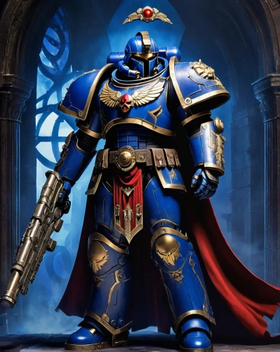 crusader,knight armor,paladin,templar,emperor,centurion,prejmer,knight,castleguard,armored,dane axe,iron mask hero,high priest,christdorn,magistrate,clergy,warlord,medieval,choir master,dark blue and gold,Illustration,Realistic Fantasy,Realistic Fantasy 20