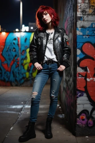 shoreditch,leather jacket,red brick wall,leather boots,woman in menswear,red-haired,concrete chick,female model,uk,grunge,punk,tori,young woman,redhair,jacket,photo session at night,jean jacket,rocker,raggedy ann,girl in overalls,Art,Classical Oil Painting,Classical Oil Painting 43