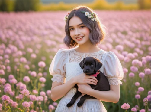 girl with dog,flower background,vintage lavender background,beautiful girl with flowers,flower field,lavender fields,floral background,field of flowers,girl in flowers,tulip background,lavender field,flowers field,tulip field,blooming field,livestock guardian dog,springtime background,paper flower background,dog photography,spring background,farm background,Art,Classical Oil Painting,Classical Oil Painting 03