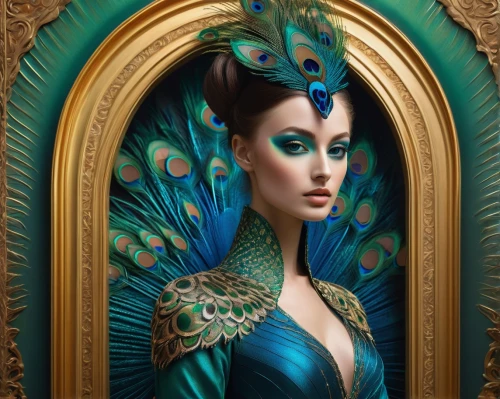 fantasy portrait,fantasy art,blue enchantress,fairy peacock,cleopatra,peacock,oriental princess,blue peacock,the enchantress,venetian mask,sorceress,celtic queen,teal blue asia,fantasy woman,art deco woman,art deco frame,priestess,bodypainting,fantasy picture,masquerade,Art,Artistic Painting,Artistic Painting 08