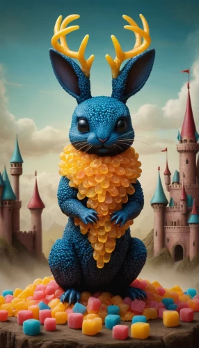 3d fantasy,stitch,playcorn,anthropomorphized animals,stylized macaron,painting easter egg,easter theme,cute cartoon character,jackrabbit,digital compositing,fairy tale character,candy cauldron,whimsical animals,fantasy art,cinema 4d,clay animation,easter easter egg,bombay mix,skylanders,plasticine,Illustration,Abstract Fantasy,Abstract Fantasy 06