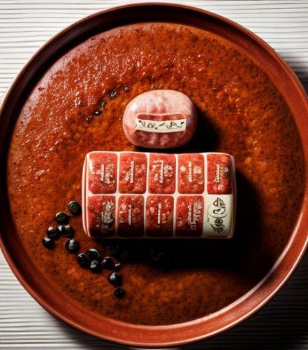 sushi art,culinary art,food styling,muhammara,harissa,semifreddo,roll cake,'nduja,kofta,food photography,cuisine of madrid,piquillo pepper,petit gâteau,paprika salami,tomato purée,sushi plate,moussaka,tomato paste,timballo,mahjong,Realistic,Foods,Sausages