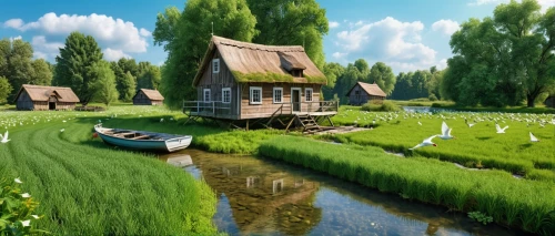 dutch landscape,home landscape,landscape background,idyllic,fisherman's house,meadow landscape,summer cottage,houseboat,floating huts,house with lake,green landscape,boat landscape,holland,polder,green meadow,wetland,cottage,house by the water,salt meadow landscape,the netherlands,Photography,General,Realistic