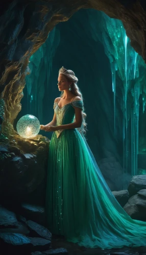 fantasy picture,fantasy art,faery,fantasy portrait,faerie,fantasia,mermaid background,celtic woman,enchanted,crystal ball,cinderella,fae,a fairy tale,world digital painting,rosa 'the fairy,fairy tale,green mermaid scale,emerald,the enchantress,fairy tale character,Photography,General,Fantasy