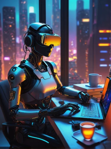 cyberpunk,man with a computer,cyber,neon human resources,girl at the computer,freelancer,computer,cyberspace,cybernetics,work from home,futuristic,computer business,computer addiction,night administrator,scifi,computer room,cyber glasses,computer freak,sci fiction illustration,computer workstation,Illustration,Realistic Fantasy,Realistic Fantasy 15