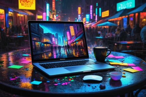 neon coffee,colorful city,cyberpunk,world digital painting,colorful background,neon drinks,neon tea,colorful life,cityscape,neon cocktails,laptop,computer art,laptop screen,nightlife,digitalart,digital painting,colored lights,nightclub,3d background,digital creation,Illustration,Realistic Fantasy,Realistic Fantasy 03