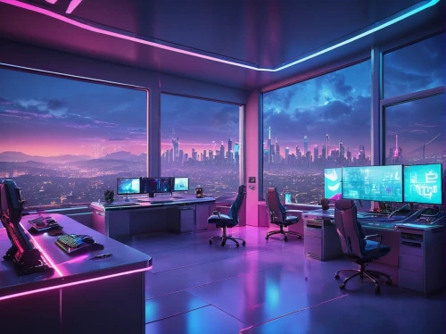 computer room,modern office,the server room,creative office,cyberpunk,computer desk,computer workstation,blur office background,working space,futuristic landscape,pc tower,offices,game room,study room,modern room,aesthetic,desk,control center,neon human resources,futuristic,Illustration,Vector,Vector 19