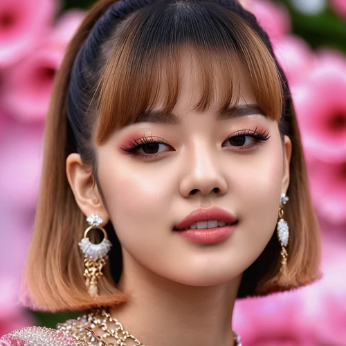 hanbok,joy,pink beauty,flower background,japan rose,earrings,doll's facial features,miso,yellow rose background,floral background,vintage makeup,pink background,beautiful girl with flowers,princess' earring,phuquy,floral,rose png,rosie,kimjongilia,mandu,Photography,General,Realistic