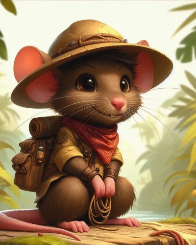 field mouse,dormouse,cute cartoon character,meadow jumping mouse,park ranger,peter rabbit,bush rat,splinter,wood mouse,musical rodent,brown rabbit,straw mouse,chasseur,mouse,white footed mouse,squirell,miguel of coco,beaver rat,brown hat,little rabbit
