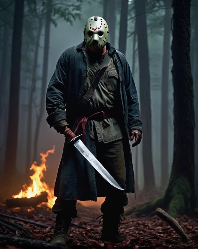 woodsman,male mask killer,hatchet,aaa,iron mask hero,crossbones,doctor doom,machete,with the mask,forest man,digital compositing,knife head,the stake,farmer in the woods,hooded man,chainsaw,patrol,halloween poster,butcher ax,cleanup,Conceptual Art,Sci-Fi,Sci-Fi 21