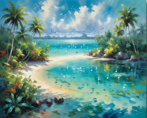 tropical sea,beach landscape,ocean paradise,tropical beach,sea landscape,watercolor palm trees,coastal landscape,tropical island,caribbean beach,an island far away landscape,coconut trees,paradise beach,tahiti,underwater oasis,beach scenery,blue hawaii,palmtrees,south seas,caribbean sea,dream beach,Conceptual Art,Oil color,Oil Color 10