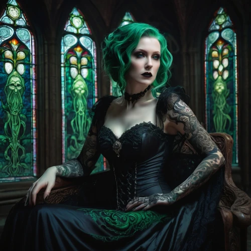 gothic portrait,gothic fashion,gothic woman,gothic dress,gothic style,victorian lady,dark gothic mood,celtic queen,goth woman,emerald,gothic,the enchantress,victorian style,vampire lady,fantasy portrait,victorian,faery,vampire woman,sorceress,green dress,Illustration,Retro,Retro 20