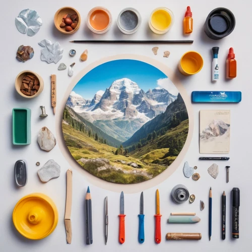 hiking equipment,art tools,icon magnifying,pencil icon,dolomiti,matterhorn,zermatt,painting technique,flat lay,himalayas,flatlay,patagonia,mountain world,food collage,camping equipment,himalaya,music instruments on table,eiger,art materials,summer flat lay,Unique,Design,Knolling
